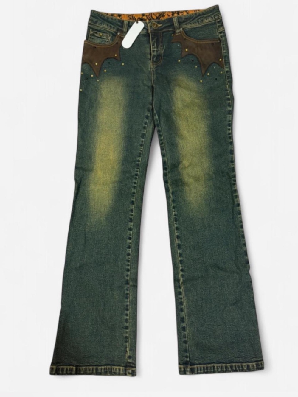 Women's Green Flared Jeans with Brown Accent Panels